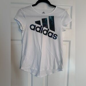 Girls Adidas White Short-Sleeve Tee with Blue Graphic Logo Sz XL 16